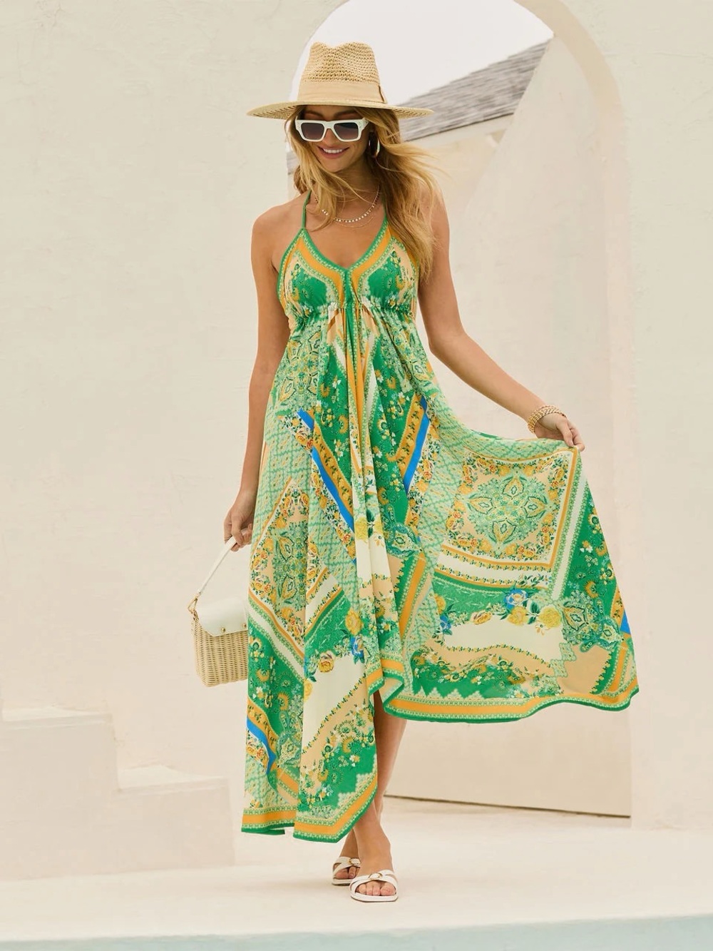 Vici Grasse Border Green Print Maxi Dress Sz XL Summer Vacay Resort Fest Event